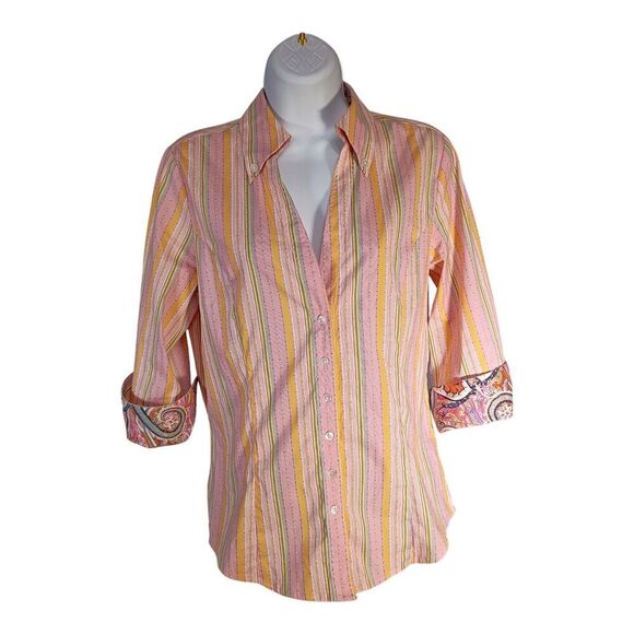 Robert Graham Shirt Button Up Embroidered 3/4 Sleeve Flip Cuff Women's Small - Picture 2 of 5